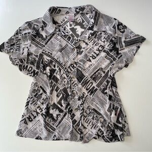 Sheer newsprint button up short sleeve top